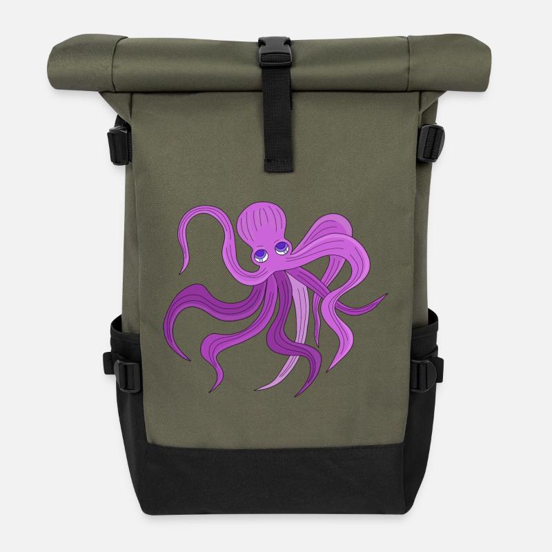 A fluffy octopus swinging tentacles - Roll Top Backpack - olive/black