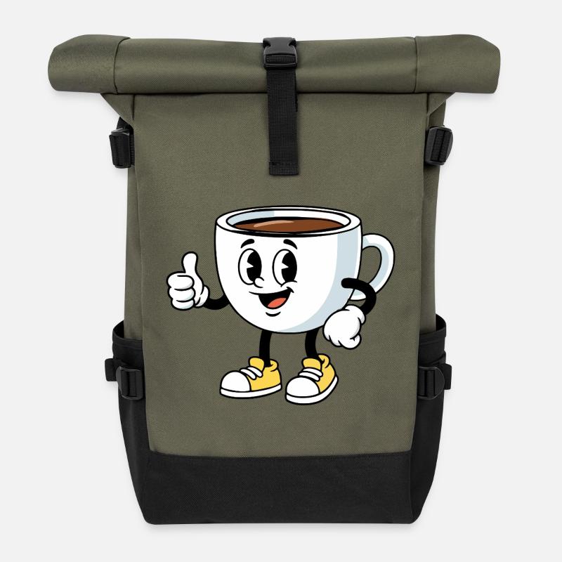 Cartoon Kaffeetasse Lustiger Kaffee Comic - Rolltop Rucksack - Olive/Schwarz