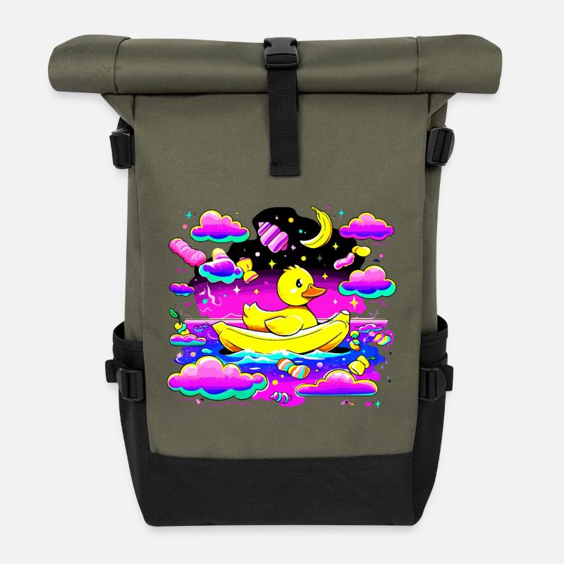 Bunte Quietscheente im Regenbogenboot - Rolltop Rucksack - Olive/Schwarz