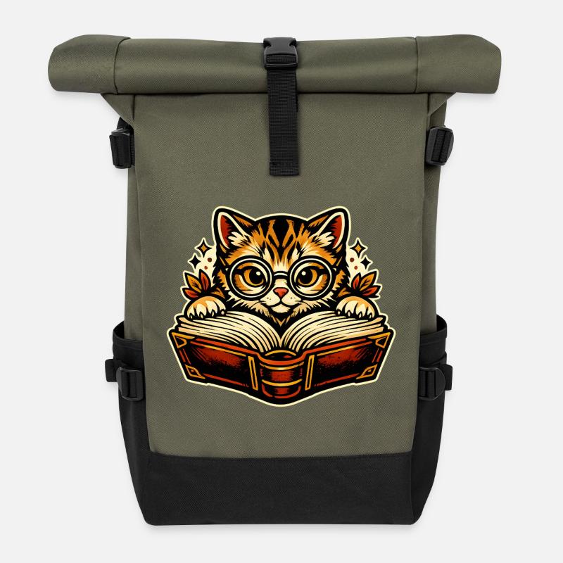 Chaton avec des lunettes en train de lire - Sac à dos roll top - olive/noir