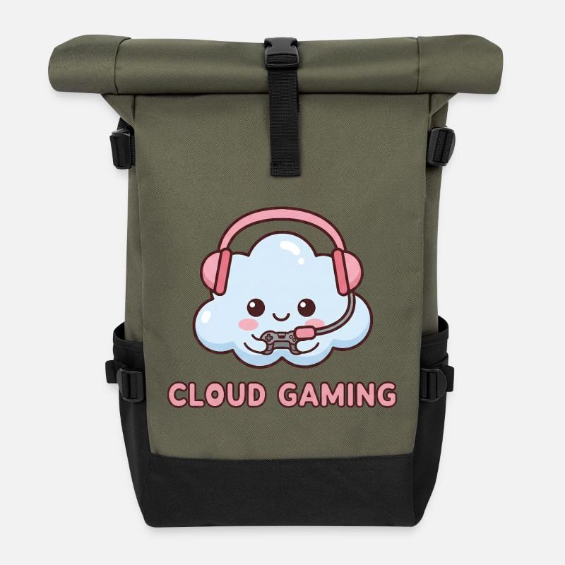 Cloud-Gaming | Niedliche Kawaii Gamer Cloud - Rolltop Rucksack - Olive/Schwarz