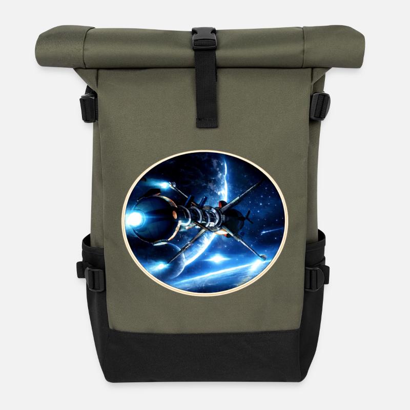 The Comet - Retro Space Emblem – 8-Bit Starship - Rolltop Rucksack - Olive/Schwarz