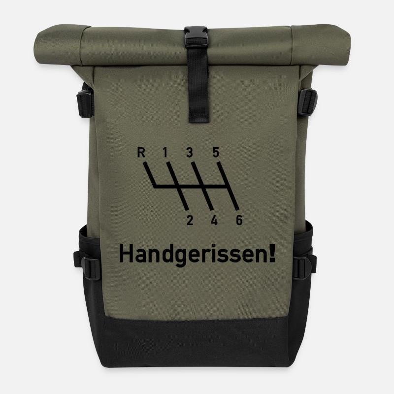 Handgerissen - Manuelle Schaltung - Auto - Tuning - Rolltop Rucksack - Olive/Schwarz