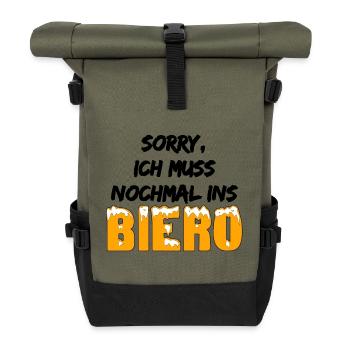 lustige Ausrede - Muss nochmal ins Biero - Witz - Rolltop Rucksack - Olive/Schwarz - Vorne