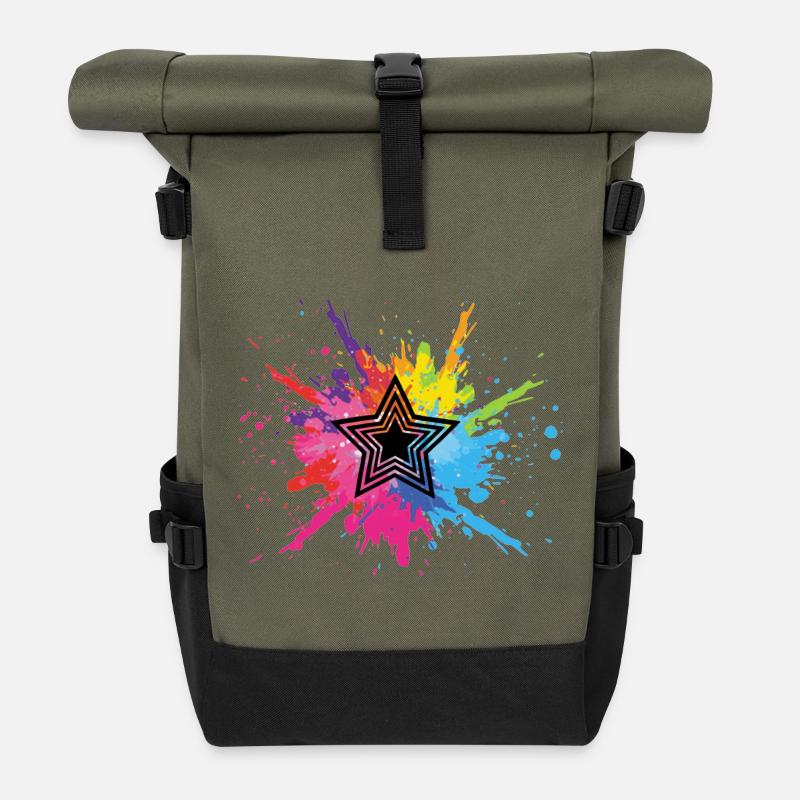 Schwarzer Stern und mehrfarbige Explosion - Rolltop Rucksack - Olive/Schwarz