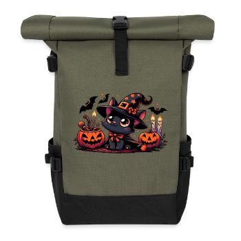 Halloween Black Kitten v2 - Roll Top Backpack - olive/black - Front