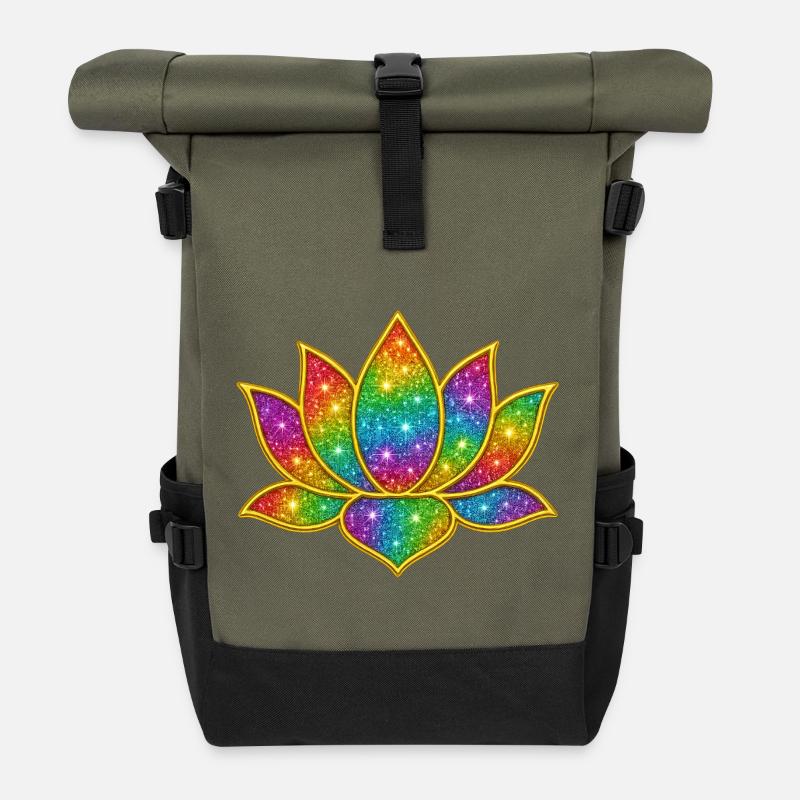 Leuchtendes Glitzer-Lotus-Symbol - Rolltop Rucksack - Olive/Schwarz
