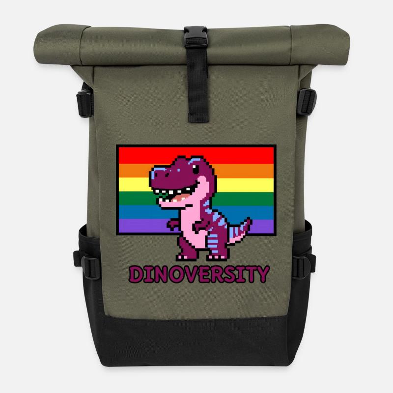 DinoVERSITY - Pixel Art Dinosaurier Pride! 🌈🦖 - Rolltop Rucksack - Olive/Schwarz