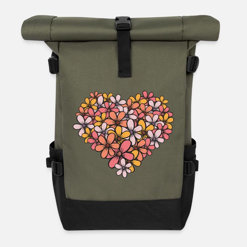 Flower Heart Floral Pattern - Roll Top Backpack - olive/black