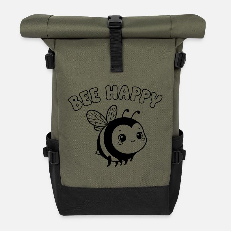 Bee Happy – Cute Bee Lineart Black White - Roll Top Backpack - olive/black