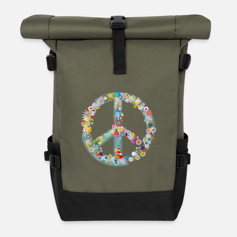Buntes Peace Symbol Muster - Rolltop Rucksack - Olive/Schwarz