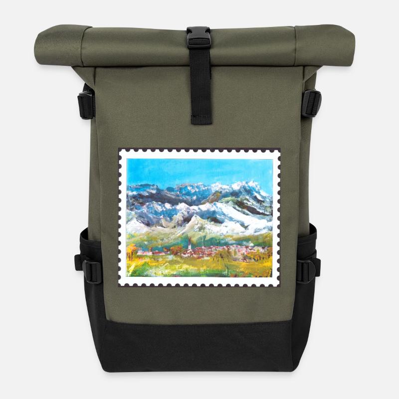 Berglandschaft mit Dorf - Rolltop Rucksack - Olive/Schwarz