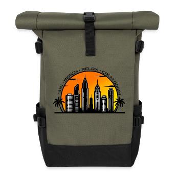 Strand - sun relax und calm down - Rolltop Rucksack - Olive/Schwarz - Vorne