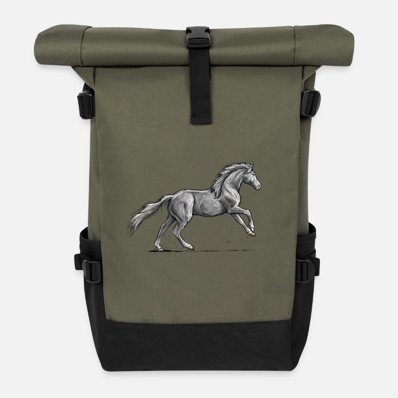 Cheval noir au galop - Sac à dos roll top - olive/noir