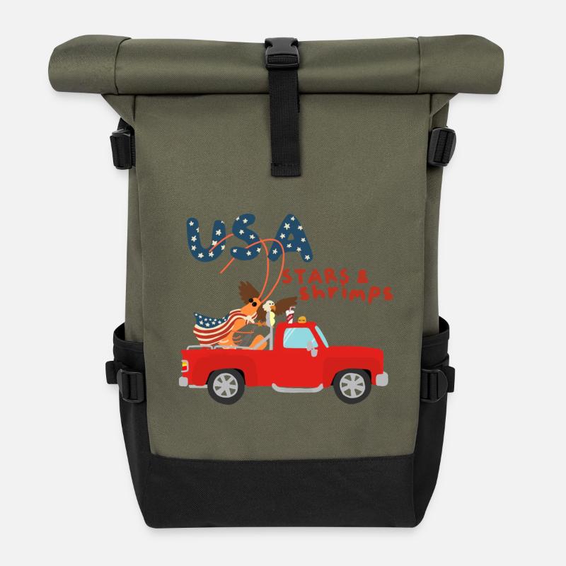 American Shrimp, Stars and Stripes - Roll Top Backpack - olive/black