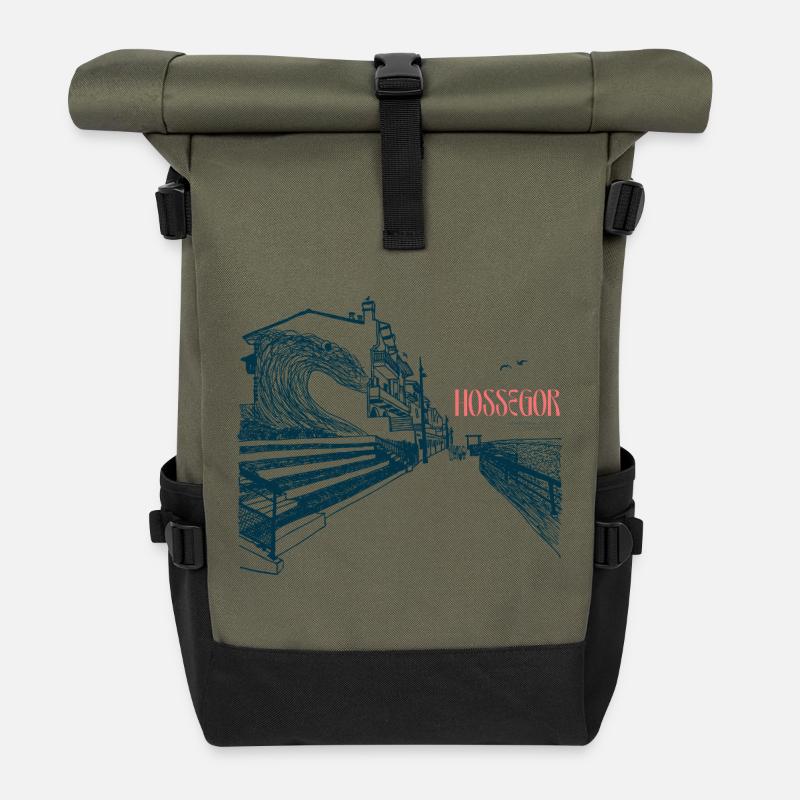 Hossegor Atlantic Coast – Hand-Drawn Wave - Roll Top Backpack - olive/black