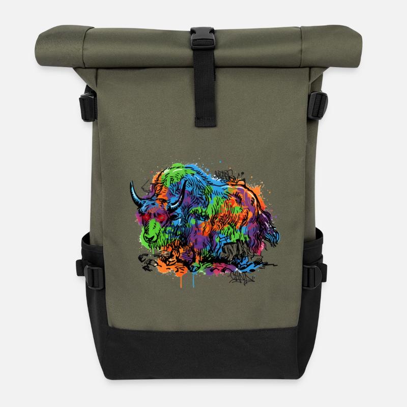Regenbogenyak Graffiti Muster - Rolltop Rucksack - Olive/Schwarz