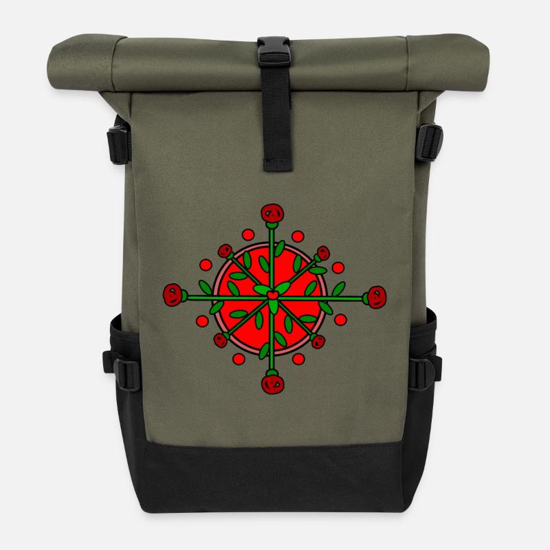 Red_Flowers - Roll Top Backpack - olive/black