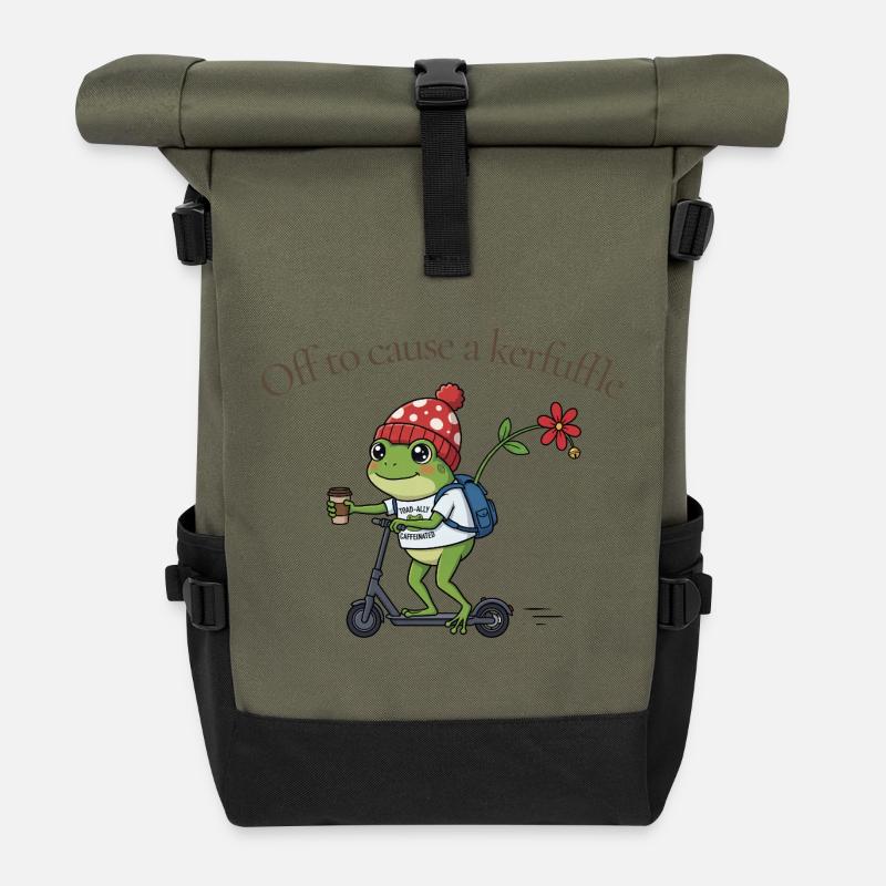 Frog on Scooter: Kerfuffle - Roll Top Backpack - olive/black