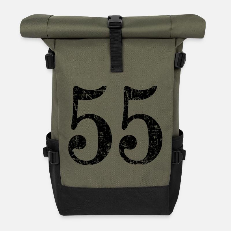 Nummer 55 (Vintage Schwarz) 55. Geburtstag - Rolltop Rucksack - Olive/Schwarz