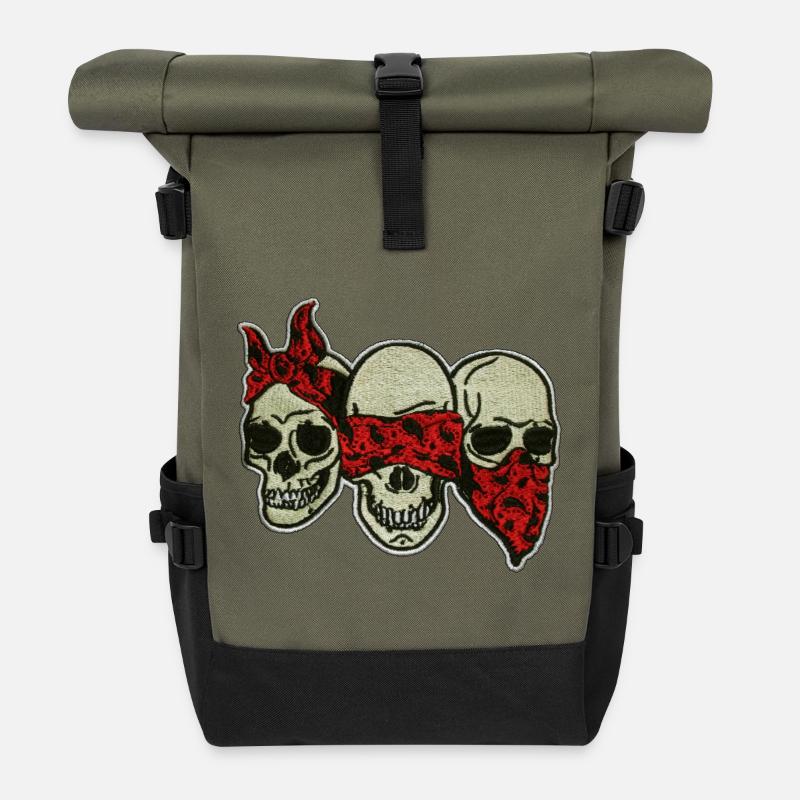 Drei Schädel mit roter Augenmaske / Three Skulls - Rolltop Rucksack - Olive/Schwarz