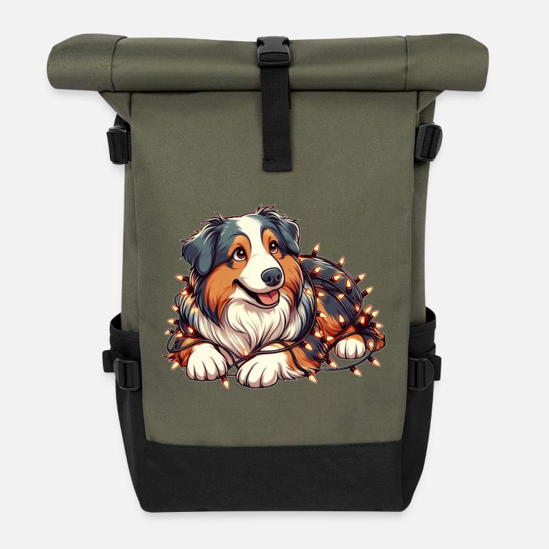 Süßer Weihnachts-Hund mit Lichterkette - Rolltop Rucksack - Olive/Schwarz