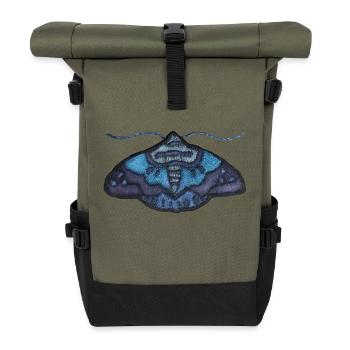 Papillon bleu – motif brodé unique - Sac à dos roll top - olive/noir - Devant
