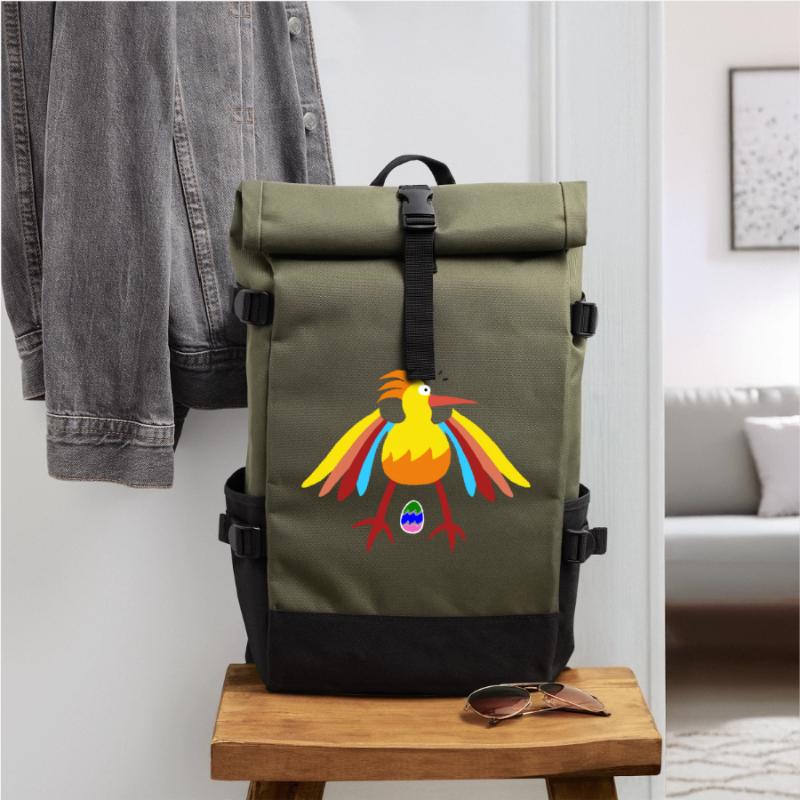 Rainbow Feathered Bird with Egg Illustration Roll Top Backpack
