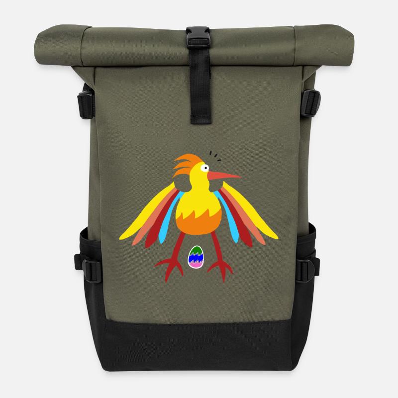Oiseau à plumes arc-en-ciel avec illustration d’œuf - Sac à dos roll top - olive/noir