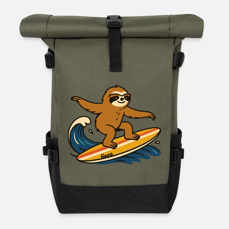 Surfendes Faultier auf Surfboard - Rolltop Rucksack - Olive/Schwarz