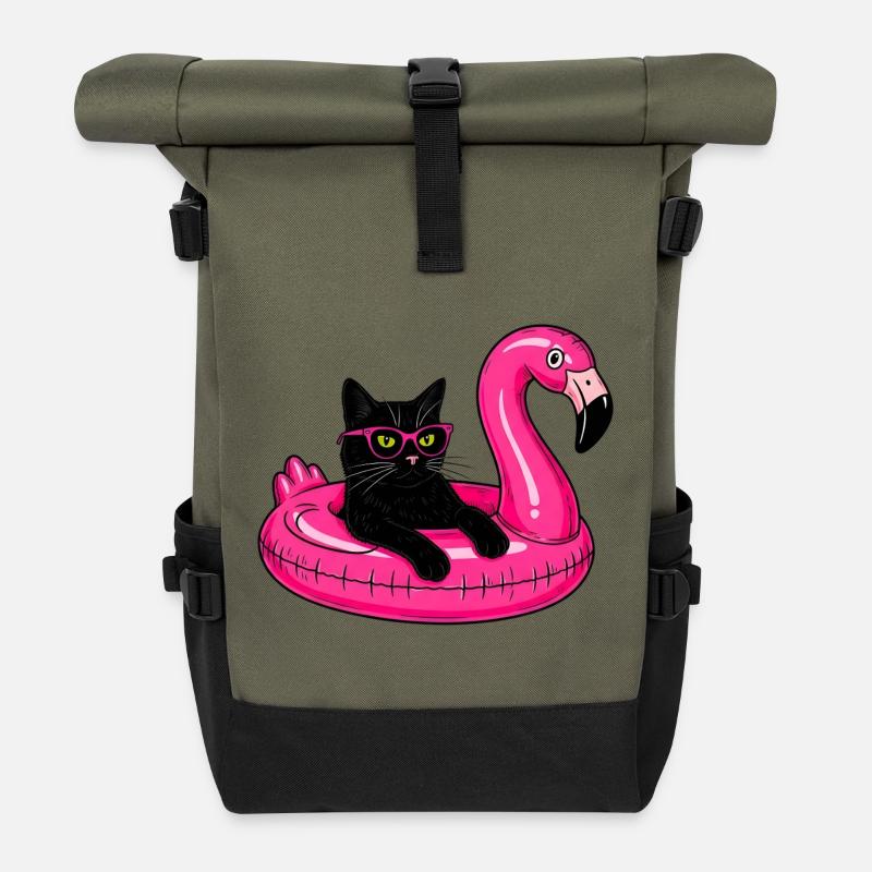 Fat Cat On A Flamingo Floatie - Rolltop Rucksack - Olive/Schwarz