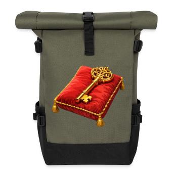 Goldener Schlüssel auf rotem Polster - Rolltop Rucksack - Olive/Schwarz - Vorne