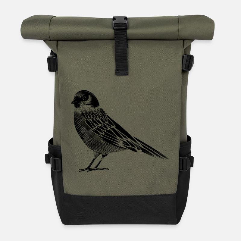 Schwarz Weiß Zeichnung eines Vogels - Rolltop Rucksack - Olive/Schwarz