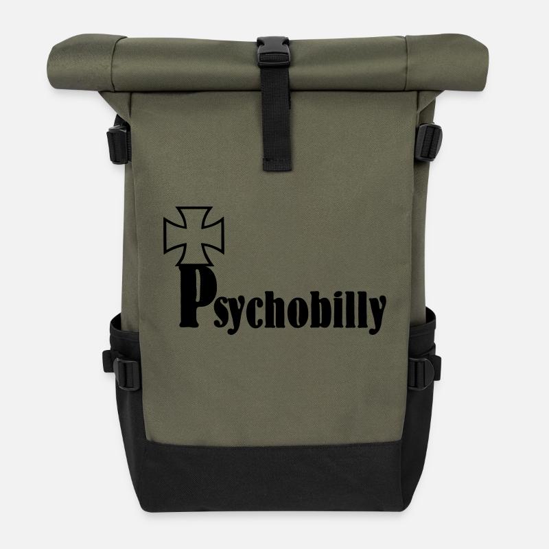 PSYCHOBILLY,ROCK,GUITAR,FLATTOP,FLAT,GUITAR,MUSIC - Roll Top Backpack - olive/black