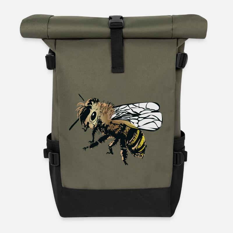 Stylized honey bee illustration - Roll Top Backpack - olive/black