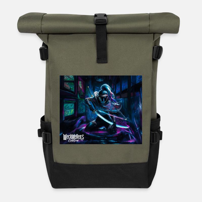 Graffiti Anime Samurai - Roll Top Backpack - olive/black
