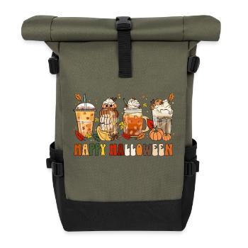 Happy Halloween Herbst Motiv Outfit Kürbis Kaffee - Rolltop Rucksack - Olive/Schwarz - Vorne
