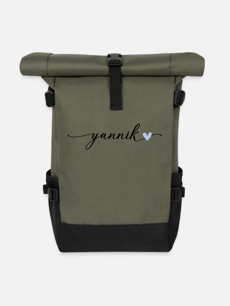 Yannik Name Kalligrafie Schrift - Rolltop Rucksack - Olive/Schwarz