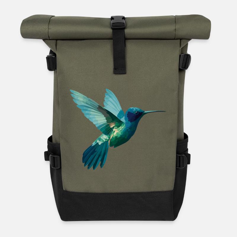 Watercolor Hummingbird in Flight - Roll Top Backpack - olive/black