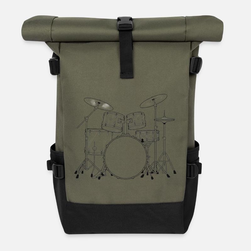 Schwarzweiß Drumset Skizze - Rolltop Rucksack - Olive/Schwarz