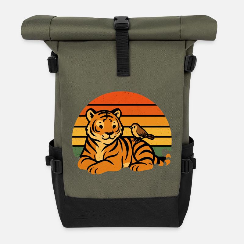 Tiger Vogel Tierfreundschaft - Rolltop Rucksack - Olive/Schwarz