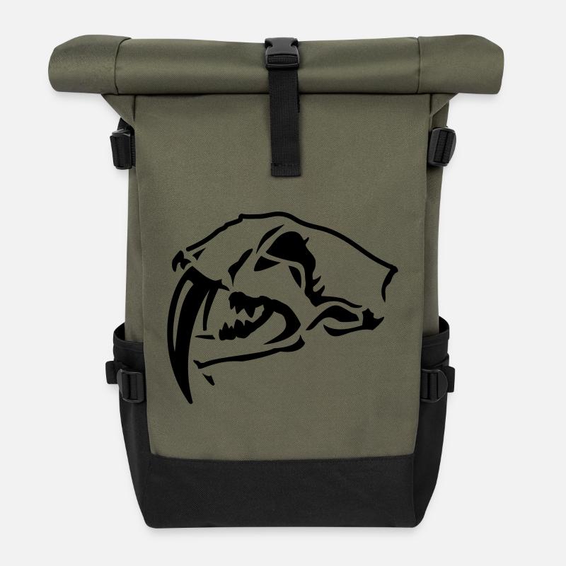 Sabre-toothed Tiger Skull - Roll Top Backpack - olive/black