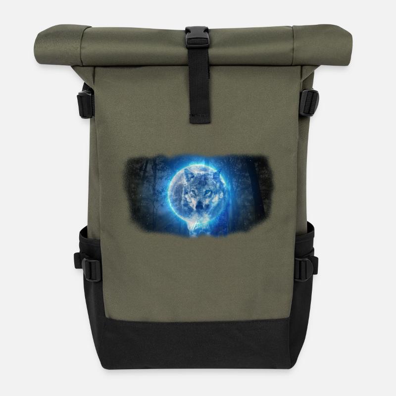 Wolf im Vollmond - Rolltop Rucksack - Olive/Schwarz