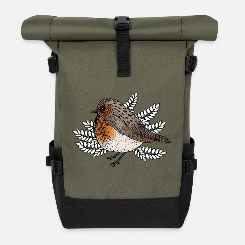 Rotkehlchen auf Zweigen - Rolltop Rucksack - Olive/Schwarz