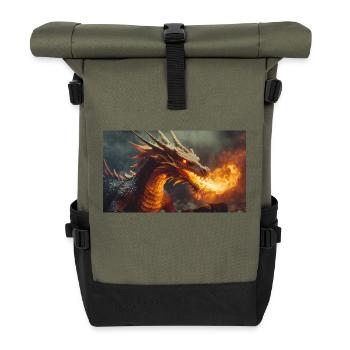 Ein realistischer, majestätischer dunkler Drache, der Flammen speit - Rolltop Rucksack - Olive/Schwarz - Vorne