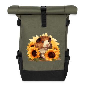 playful guinea pig motif with sunflowers - Roll Top Backpack - olive/black - Front