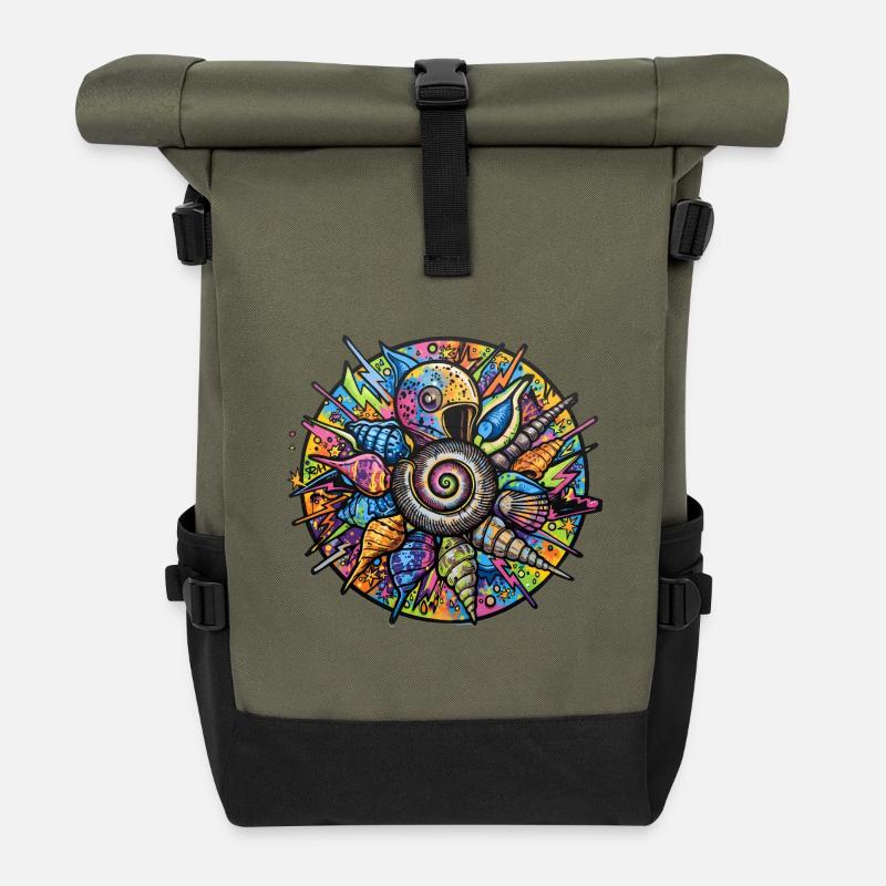 Psychedelische Muschelspirale Mandala - Rolltop Rucksack - Olive/Schwarz