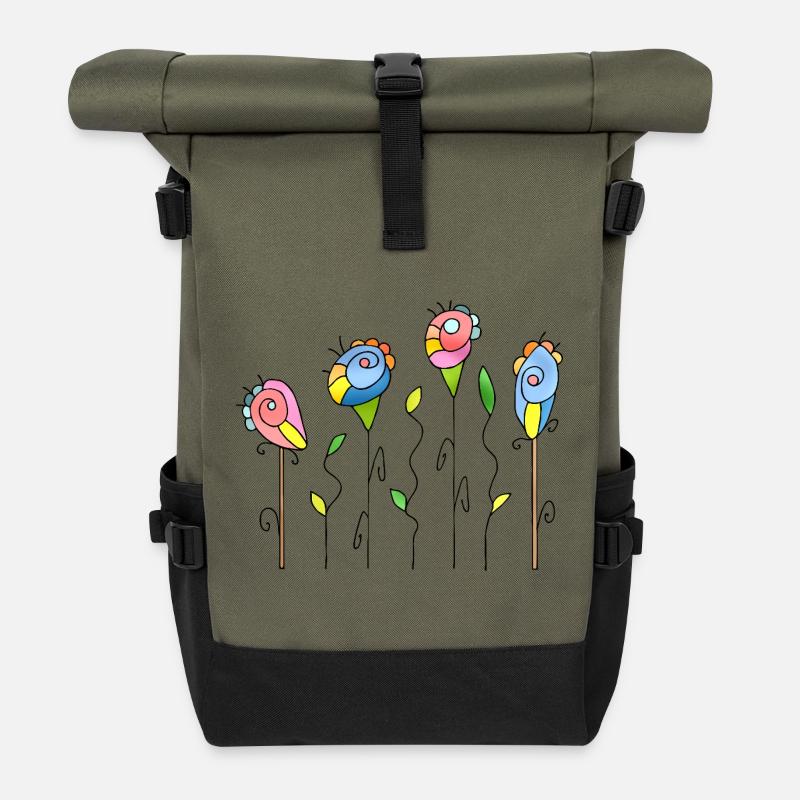 Blumen - Rolltop Rucksack - Olive/Schwarz