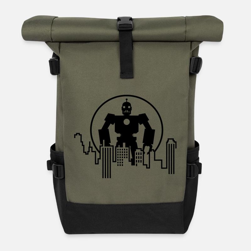 Robot Skyline – Sci-Fi Android Silhouette Shirt - Rolltop Rucksack - Olive/Schwarz