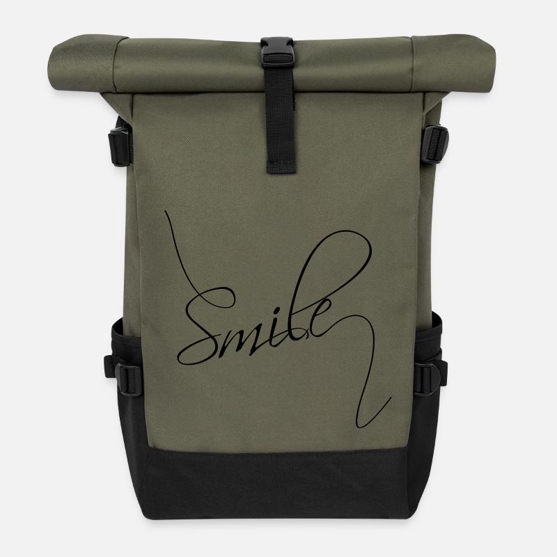 Smile | Lächeln | gute Laune Typografie - Rolltop Rucksack - Olive/Schwarz